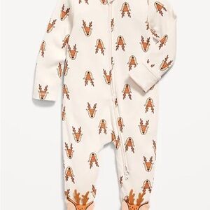 Cream Reindeer Print 2 Way Zip Sleep & Play Footed One-Piece Boys & Girls Onesie